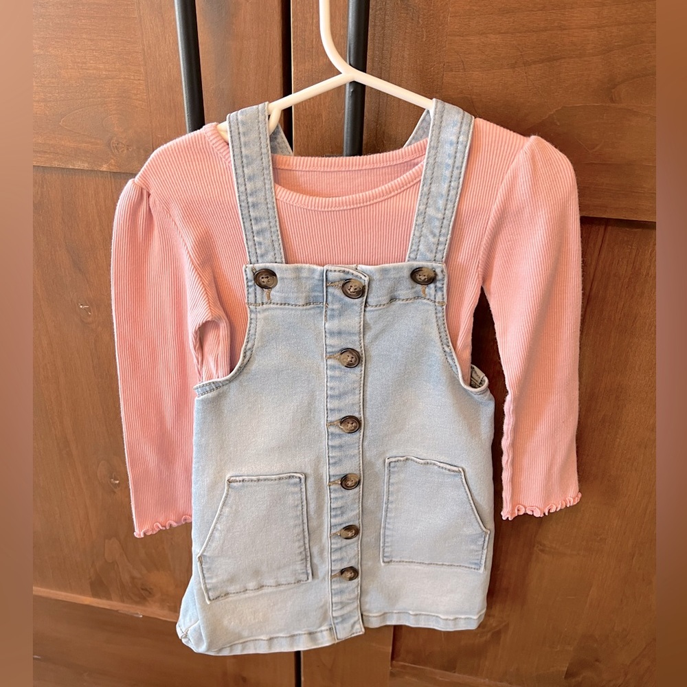 Adorable toddler long sleeve blouse with jean jumper dress.
